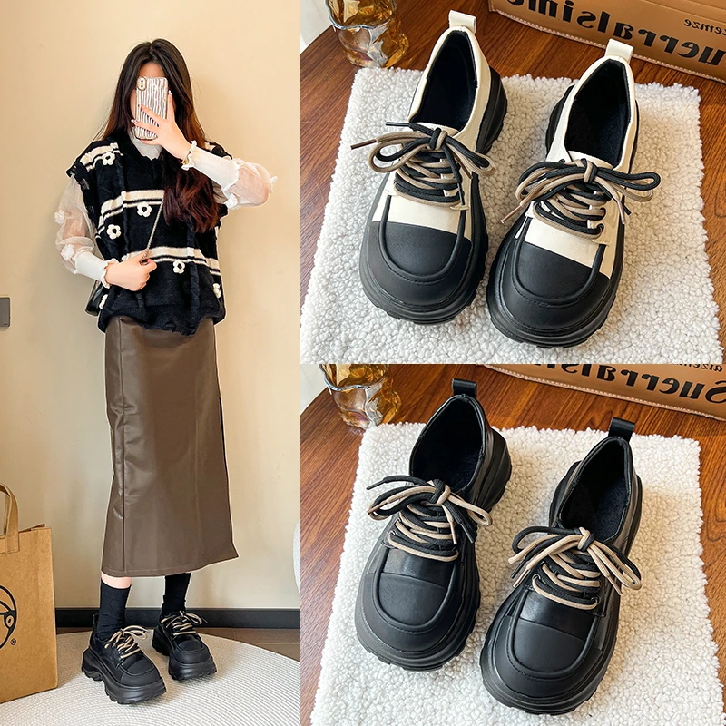 

Leather thick soled loafers women's matching color autumn lace-up casual small leather shoes women's heightening shoes