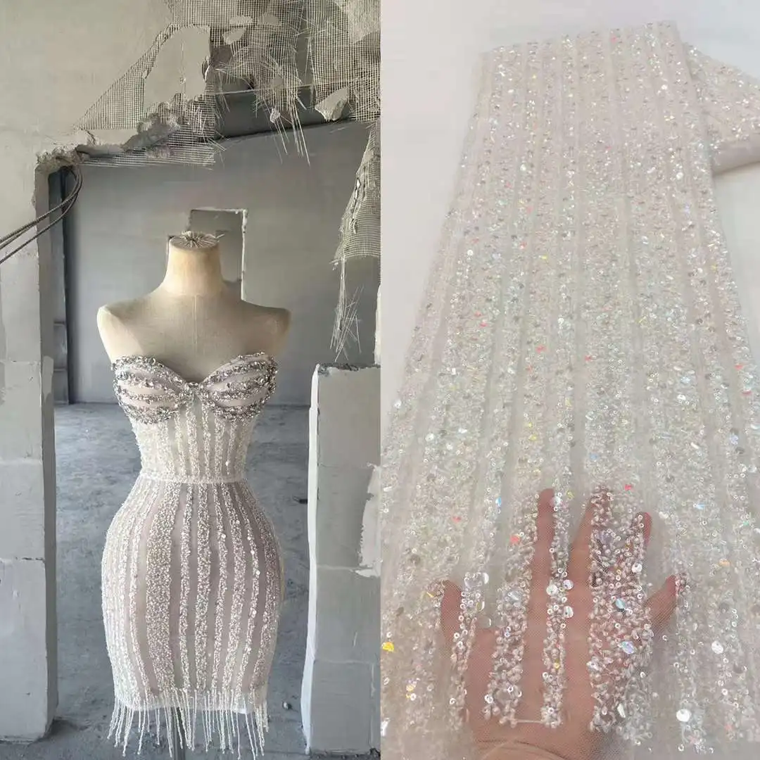 

5 Yards African Luxury Handmade Bead Lace Fabric Heavy Sequins Embroidery Fabric French Tulle Mesh Lace for Wedding Dress