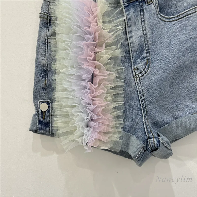 Design Sense Denim Shorts Women's 2024 New Summer High Waist Slimming Wide Leg Stitching Mesh A- Line Hot Pants Street Shorts