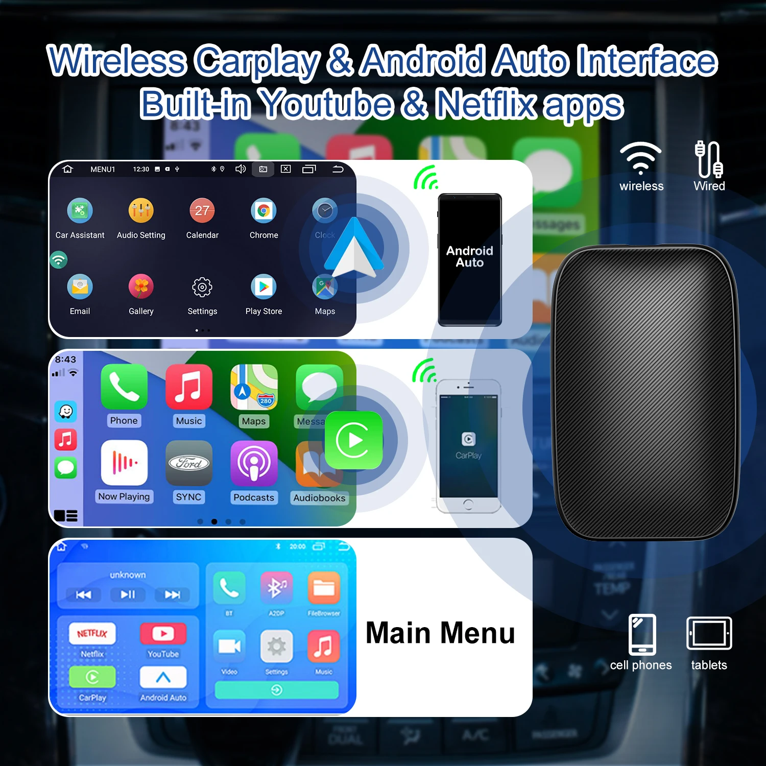 Android Ai Box Wired to Wireless CarPlay Adapter Android Auto Upgraded Car  with Netflix  Multimedia Video Player-2023 NEW