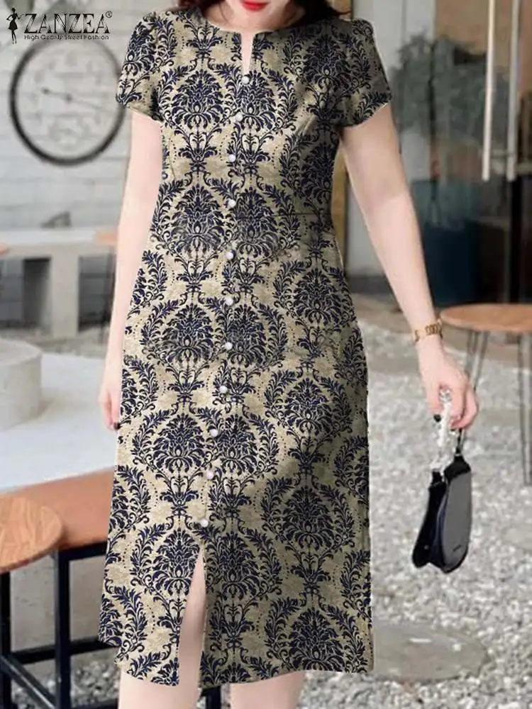 

ZANZEA Women Buttons Stitching Split Short Sleeve Robe Vintage Flower Print Vestidos 2024 Summer Bohemian Dress Holiday Sundress