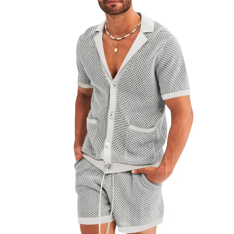 Summer pure hollow knit men's suit elegant V-neck short sleeve T-shirt + high waist shorts summer loose beach suit 2 pieces