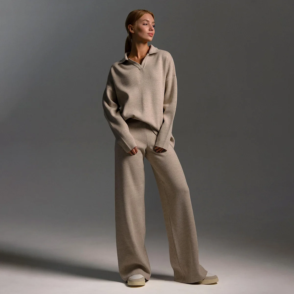 

Two Piece Sets Autumn Winter Long Sleeved Knitted Pullover Tops Suit for Women Thick Polo Neck Sweater Wide Leg Trousers Set