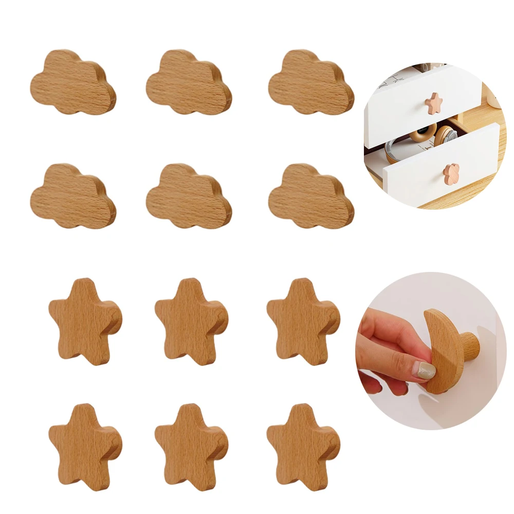 Cloud Drawer Wooden Knobs Cloud/Star Shape Furniture Handles 6/12PCS Cloud Star Children Cabinet Wood Pulls Knobs With Screws