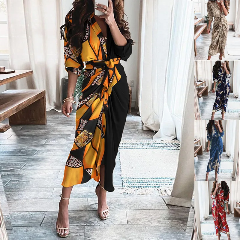 

Summer Women Print Dress Short Sleeve Shirt Dress Fashion High Waist Streetwear Elegant Ladies Clothing Vintage Dresses Vestidos