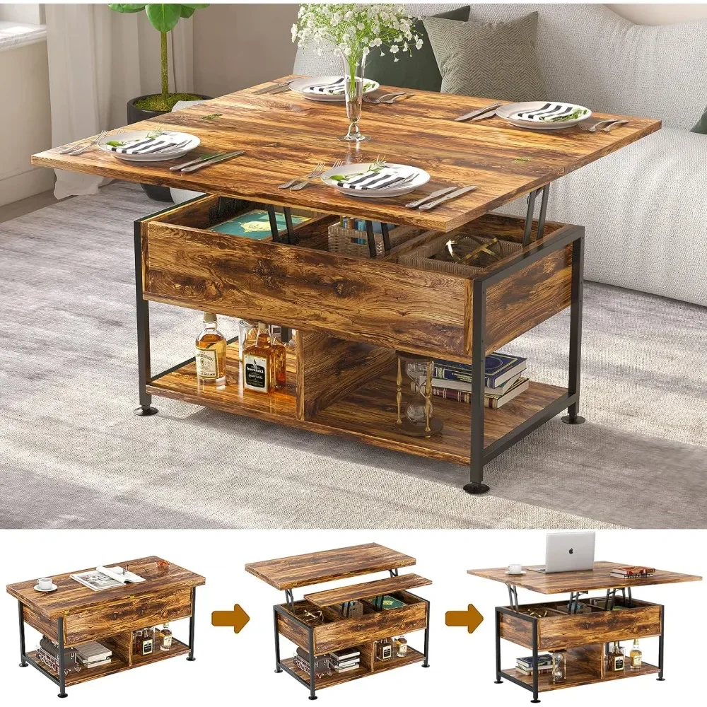 Lift Top Coffee Table ，4 in 1 Multi-Function Coffee Table with Hidden Compartment ，Modern Lift Tabletop Dining