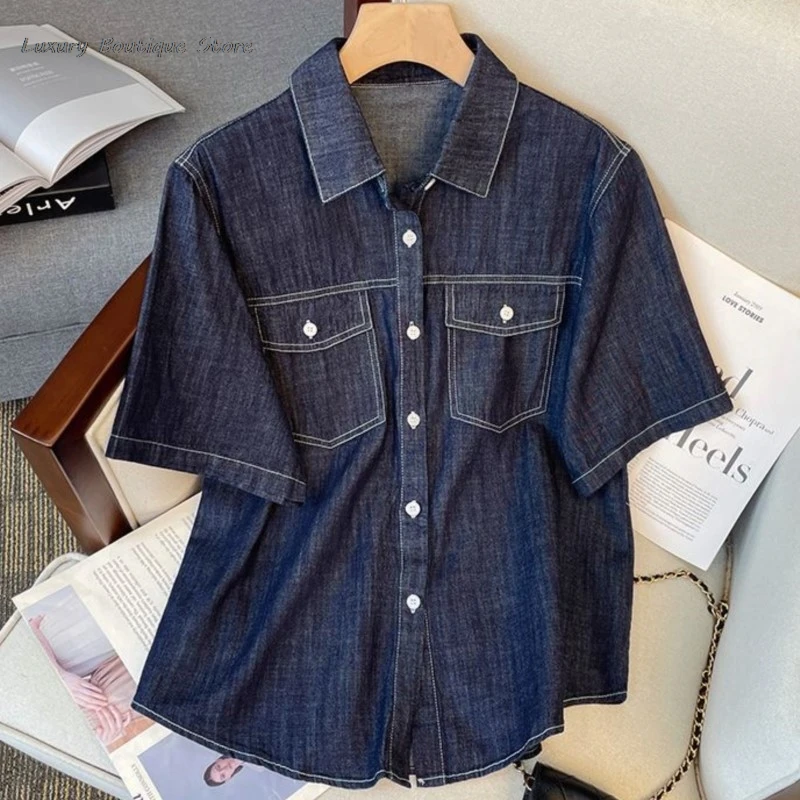 Short Sleeve Lapel Shirts + Elastic Waist Shorts Thin Denim Summer 2 Piece Set Single Breasted T-shirts Trouser Women Outfits