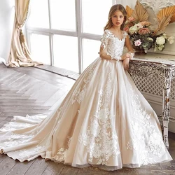 Graceful A Line Lace Floor Length Long Sleeves Tulle Sweep Train Flower Girls Dresses Princess Formal Special Occasion Custom