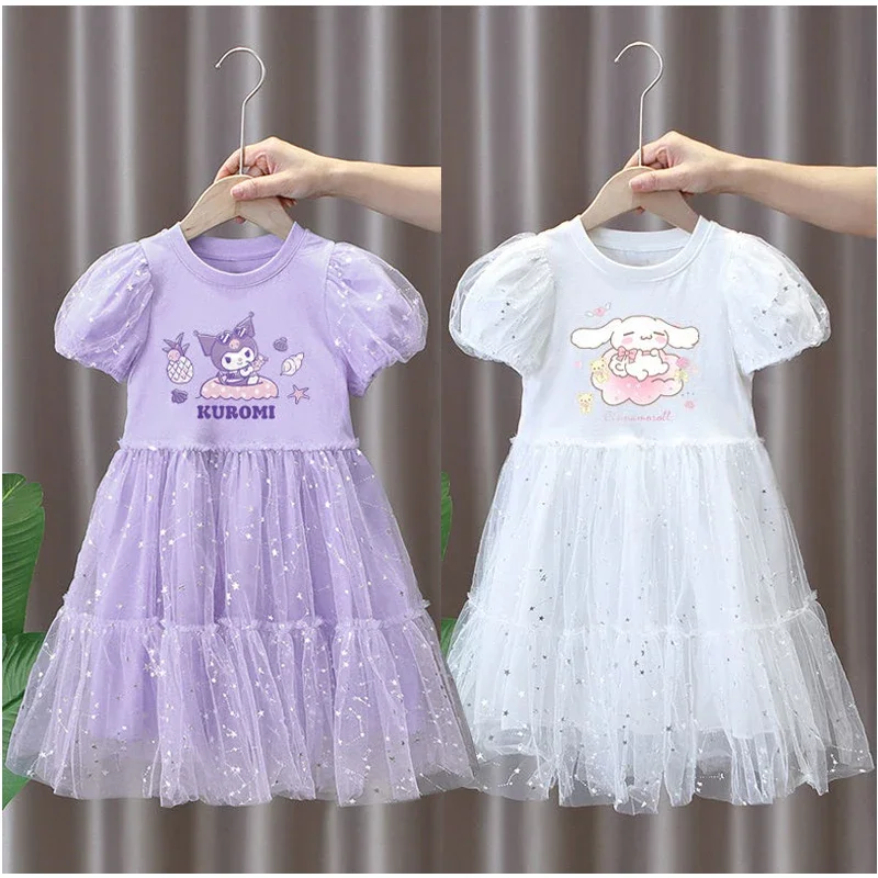 

Sanrios Anime Cartoon Cinnamoroll Kuromi My Melody Girls Party Princess Dresses Summer Children Short Sleeve Dress Gauze Skirt
