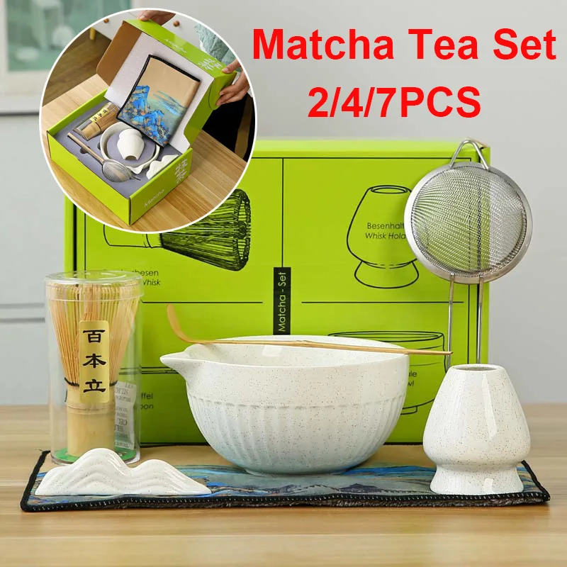 2/4/7Pieces Japanese Matcha Tea Set with Ceramic Bowl Whisk Teaspoon and Sieve Exquisite Matcha Making Set for Lovers
