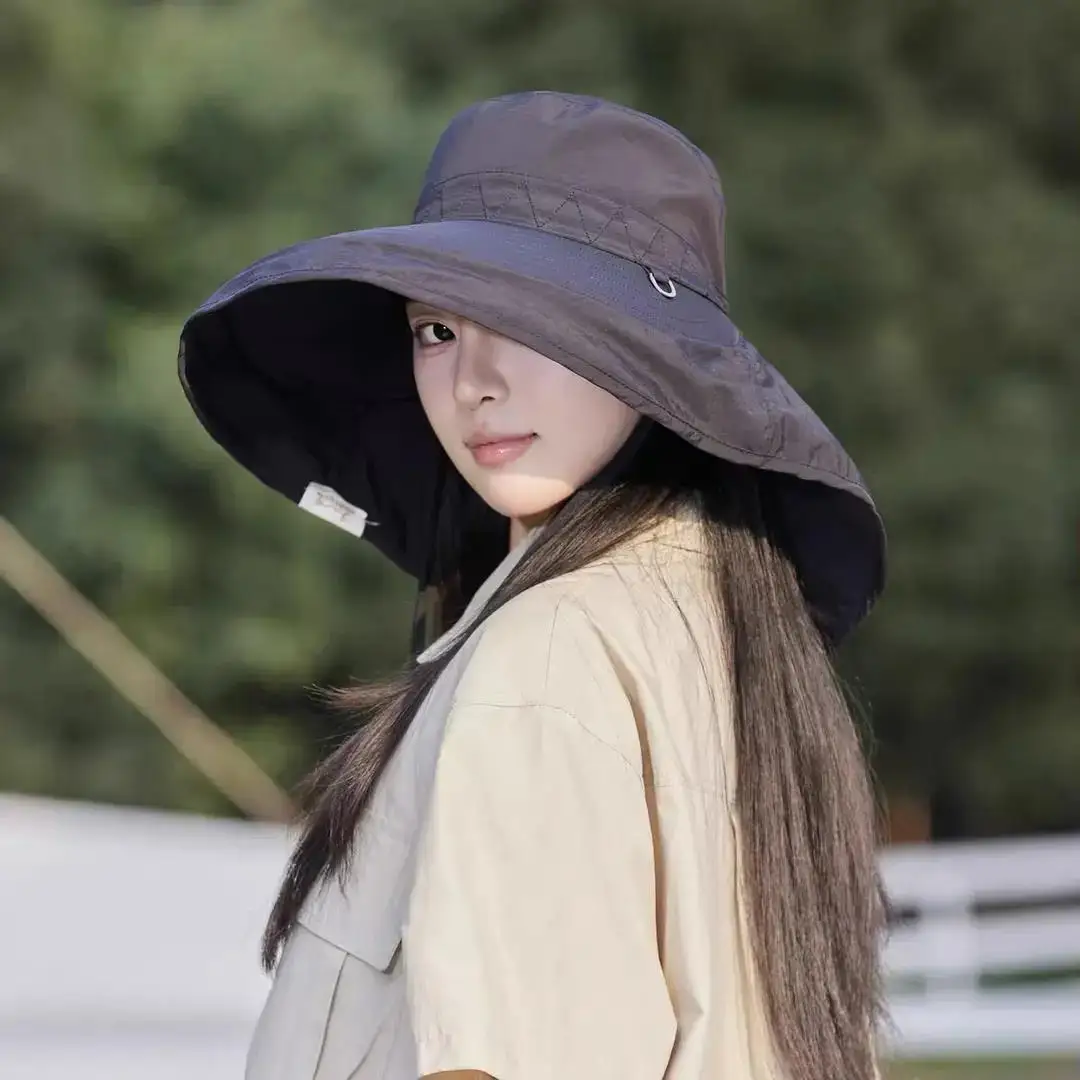 여성용 야외용 대형 챙 햇빛 가리개 모자 봄 여름 여행 캠핑 하이킹 어부 모자 스카프 목 보호 모자 햇빛 가리개 모자