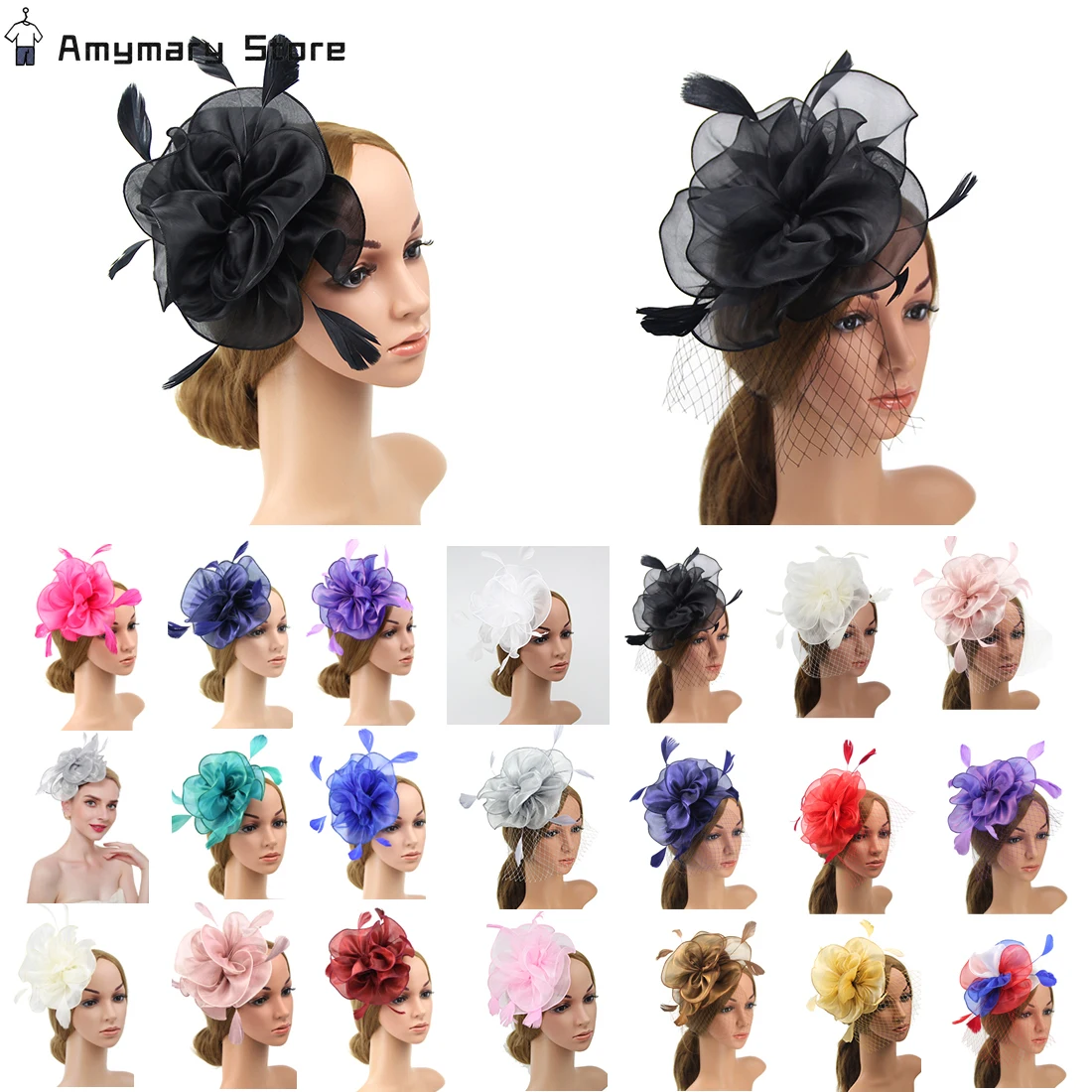 Fascinator Hat for Bridal Wedding Party Women Flower Feathers Veil Mesh Headband Hair Clip Cocktail Race Royal Jockey Club