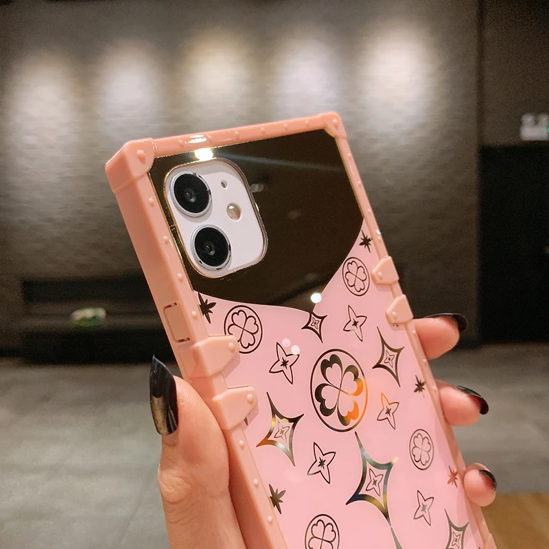 Luxury Square Cute Clover Pink Case For iPhone 12 11 Pro Max Soft Silicone Mirror Phone Cover For iPhone X XS Max XR 6S 7 8 Plus (3)