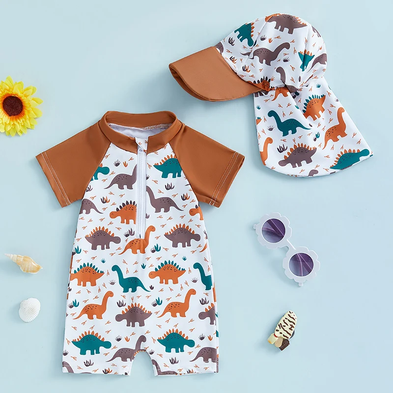 Toddler Boys Rash Guard Swimsuit Dinosaur Print Short Sleeve Mock Neck Zip Bathing Suit with Swim Cap 2 Pieces Sets