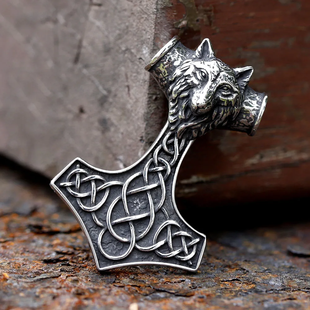 2024 Thor's Hammer Mjolnir Scandinavian Rune Amulet Design Stainless Steel Men's Pendant Viking Wolf Pendant Animal Jewelry