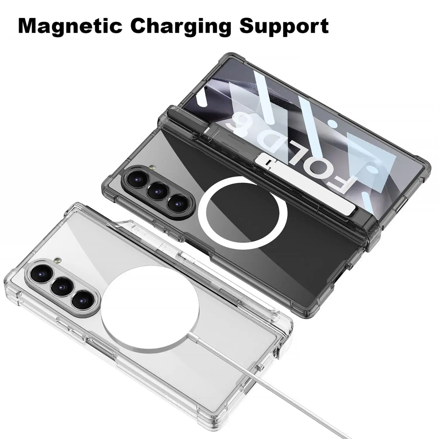 Robuste, stark sturzsichere TPU-Schutzhülle für Samsung Galaxy Z Fold 6, magnetische Aufladung, mit Telefonständer, Glasbildschirmfolie_voghion.com