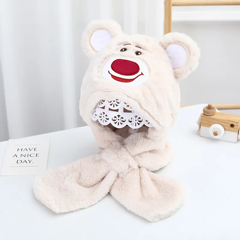 Strawberry Bear Hat Scarf Integrated Cold Protection in Winter Warm Scarf Gloves Two-Piece Children's Warm Cartoon Hat