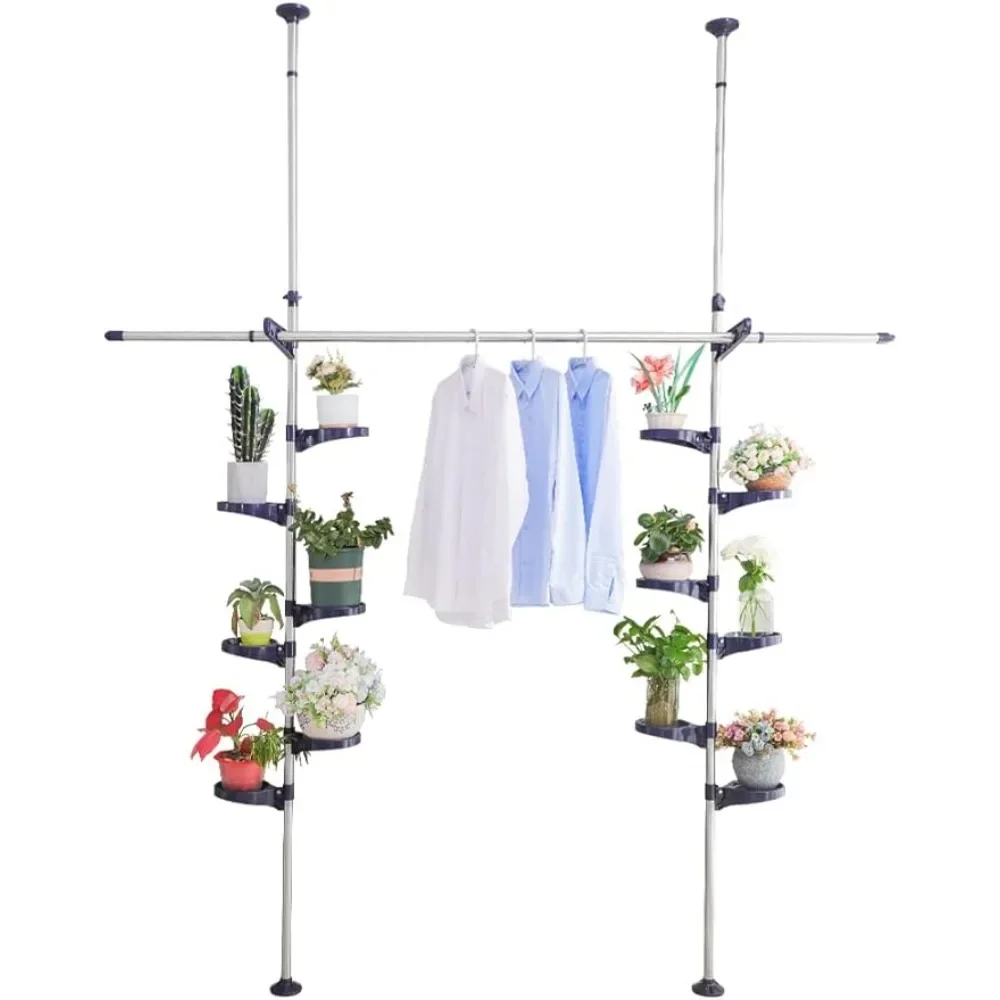 

Indoor Tension Plant Pole Stands Double Rods Flower Pots Storage Shelf Floor to Ceiling Display Rack Hanger with 12Trays,2Hooks
