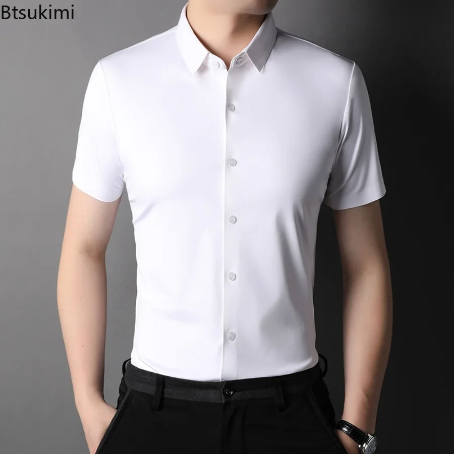 Summer New Men's Non-ironing Solid Dress Shirts Business Casual Short Sleeve Formal Shirt Men Comfy Ice Silk High Elastic Blouse