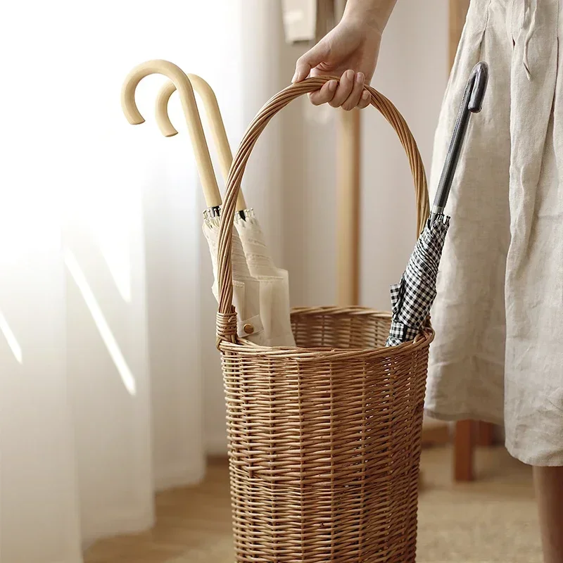 Creative Rattan Umbrella Storage Basket With Handle Japanese Style Home Decor Wicker Weaving Storage Basket Sundries Organizer