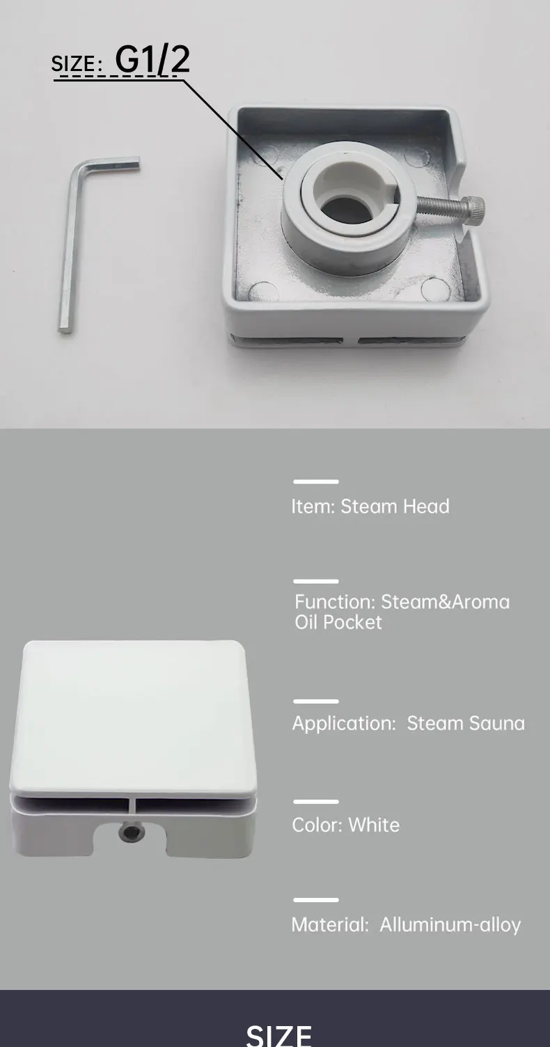 Description Picture 5 of itemSquare Steam Generator nozzle Steam Head With Aroma Oil Pocket G1/2" G3/4" Aluminum-Alloy Material White Color