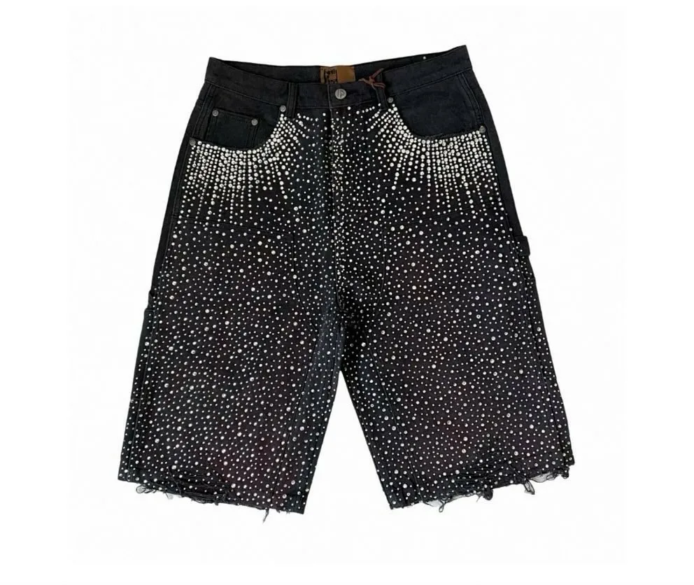 Streetwear Retro Ripped Denim Shorts Men Women Harajuku Hip Hop Punk Twinkle Rhinestone Short Jeans Gothic Brown Baggy Shorts denim shorts summer jeans shorts