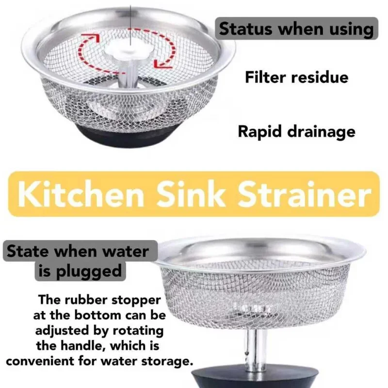 Description Picture 6 of itemKitchen Sink Strainer with Handle & Stopper Replacement Sink Drain Basket Stainless Steel Mesh Filter Strainers Waste Hole Trap