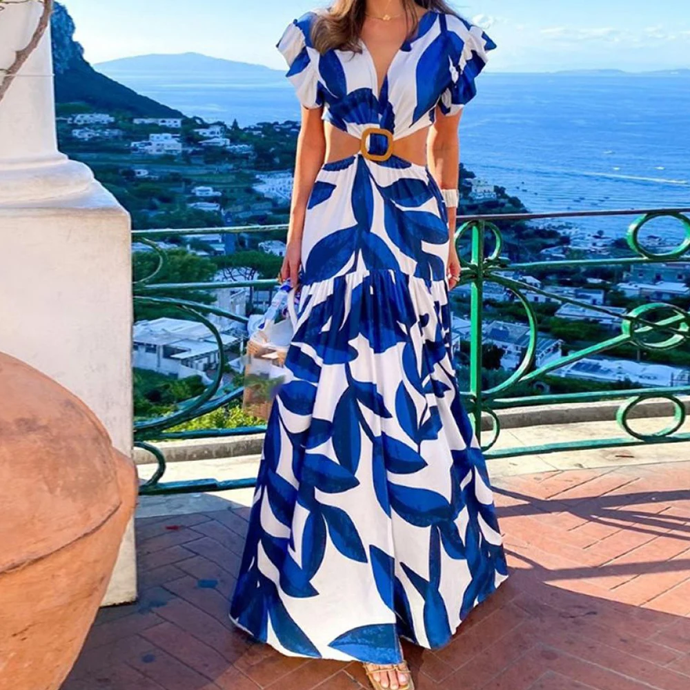 

Blue Floral Print V Neck Puff Sleeve Dresses Fashion High Waist Hollow Out Long Dress for Women Summer Casual Party Clubwear