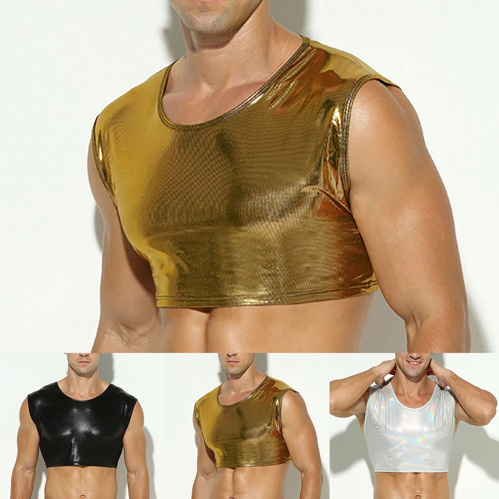 Description Picture 3 of itemMen Tops Men Sexy Shiny Singlets Summer Tee Top Vest Wet Look Comfortable Crew Neck Cropped Tank Tops Brand New