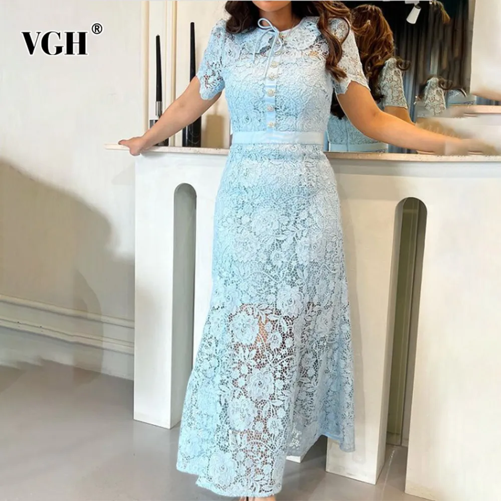 

VGH Solid Patchwork Diamonds Hollow Out Dress For Women Round Neck Short Sleeve High Waist Temperament Dresses Female Fashion