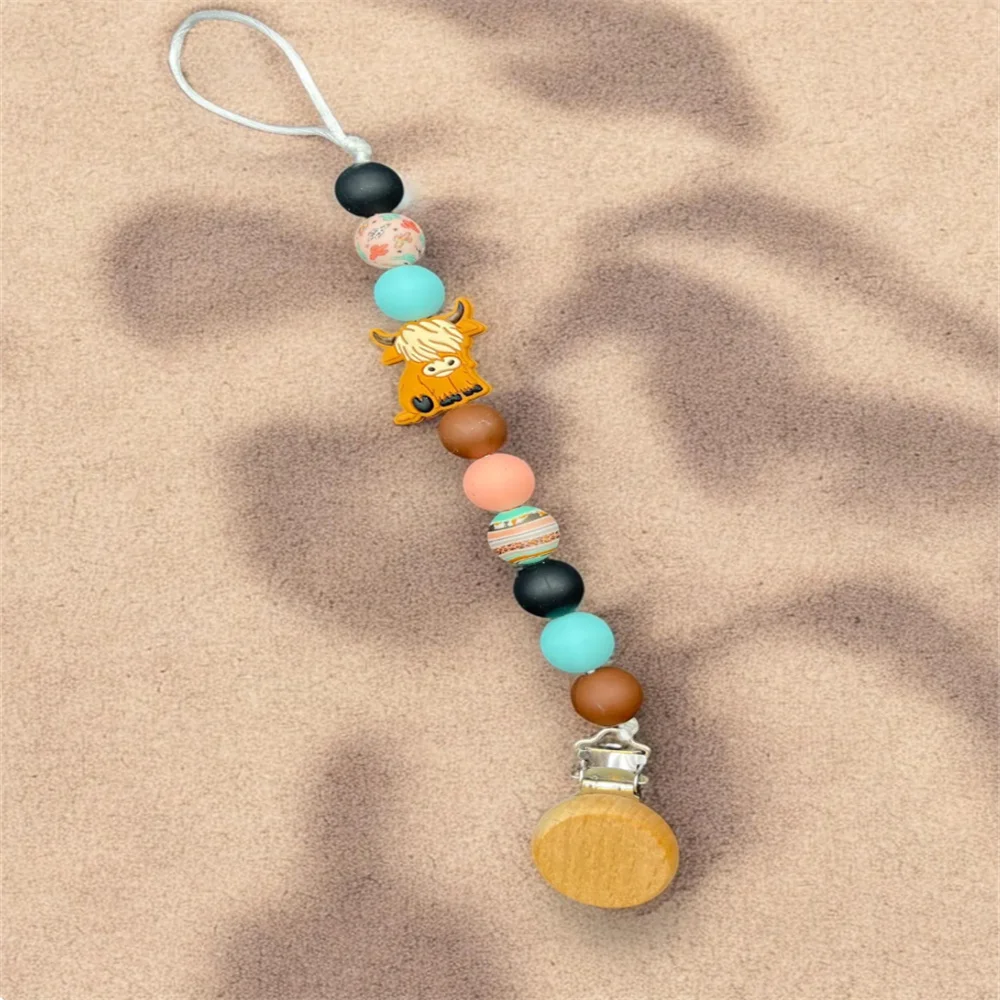 Wooden Heart Clip Pacifier Chain for Baby - Highland Cow Design