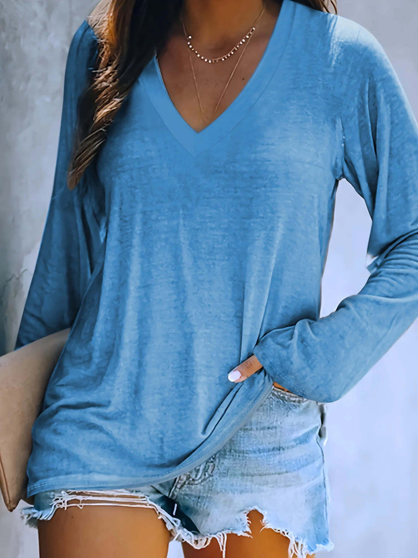 

Однотонная футболка с V-образным вырезом, Повседневная футболка с длинным рукавом для весны и осени, женская одежда