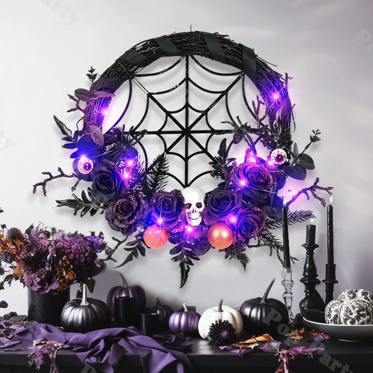 

Halloween Decoration Black Spider Purple Rose Wreath Halloween Party Door Decorations Easter Horror Themed Funny Party Supplies