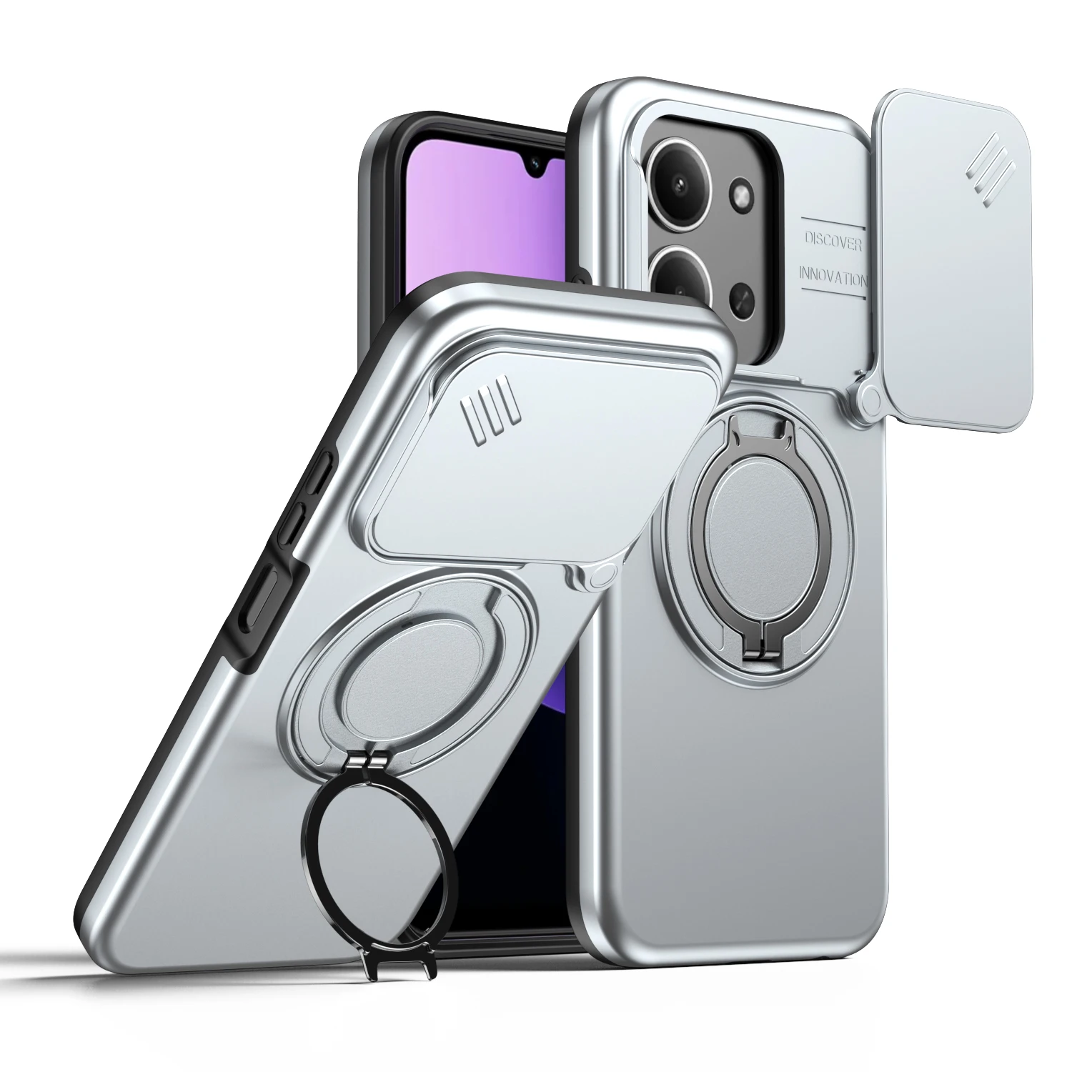 Shockproof Sliding Camera Cover Case with Metal Ring Stand and TPU Frame - Armor Series