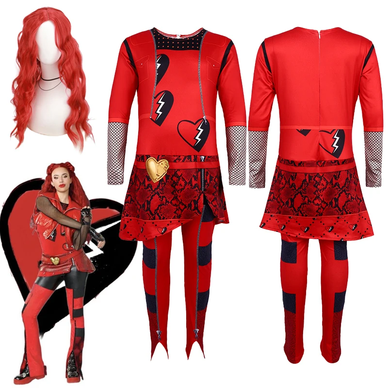 Descendants 4 Cosplay Costume for Girls Movie The Rise of Red Princess Bodysuit Halloween Birthday Party Dresses Wig Suit
