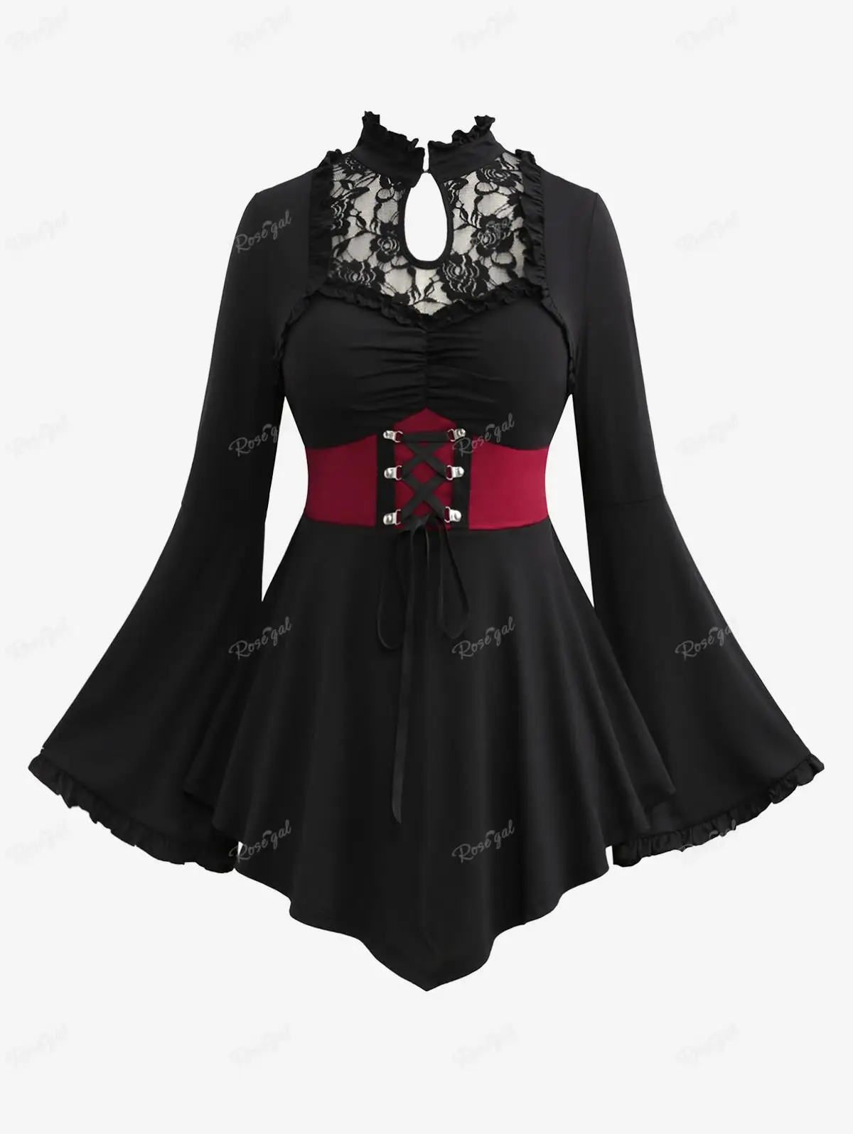 

ROSEGAL Plus Size Gothic T-shirt Floral Lace Panel Ruched Lace Up Keyhole Flare Sleeves Asymmetric Corset Tops New Black Tees