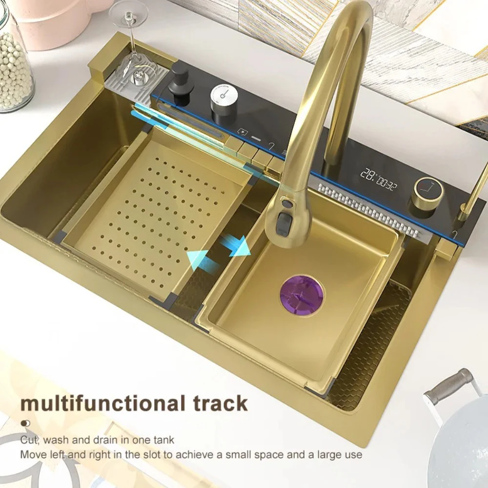 Golden Kitchen Sink Multifunctional Stainless Steel Waterfall Sink Embossed Digital Display Large Single Slot Gold Wash Basin 2
