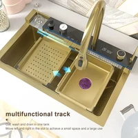 Golden Kitchen Sink Multifunctional Stainless Steel Waterfall Sink Embossed Digital Display Large Single Slot Gold Wash Basin 2