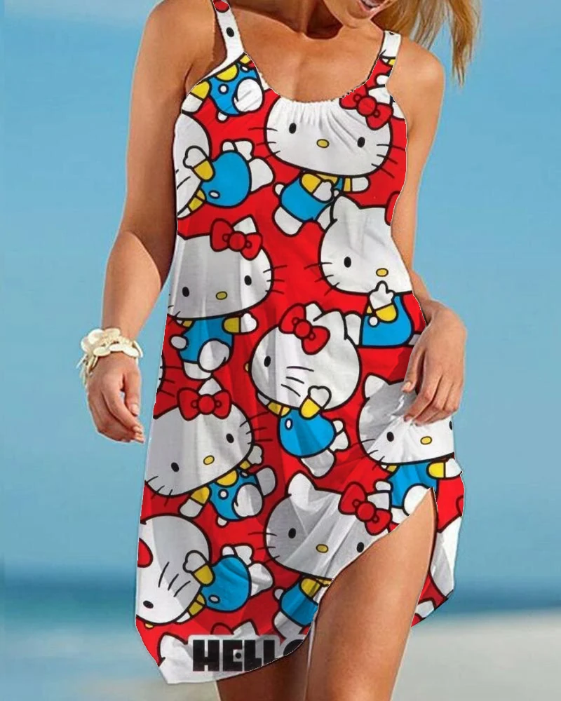 

Hello Kitty Summer Women's Sexy Beach Dress 3D Animation Pattern Camisole Retro Beach Dress Girls Ultra Fashion Party Dress