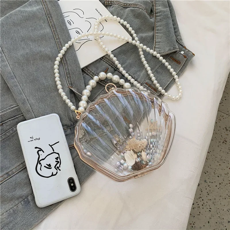 Pearl Chain Acrylic Clutch Bag - Transparent Shell Evening Purse for Women, Crossbody & Shoulder Strap Party/Wedding Accessory