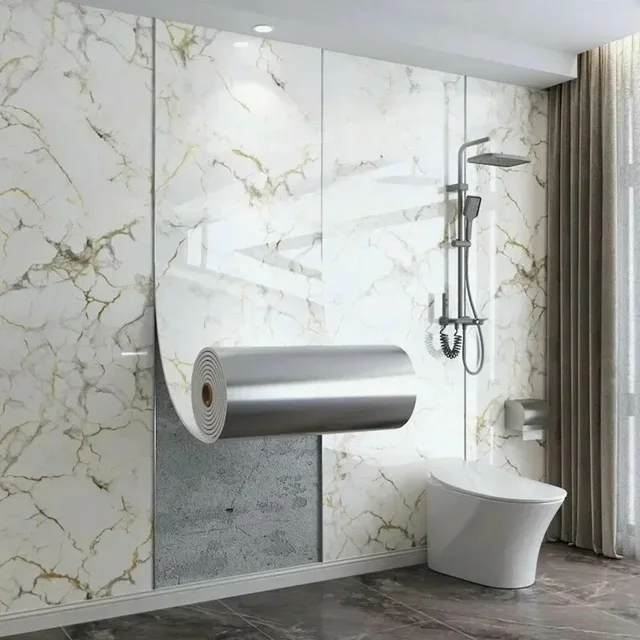 1 ม้วน 40 ซม. วอลเปเปอร์พีวีซีลายกระเบื้องเซรามิกเลียนแบบหินอ่อนแบบมีกาวในตัว ห้องน้ำ กันน้ำ สติ๊กเกอร์ติดผนัง วอลเปเปอร์ห้องนอน 1