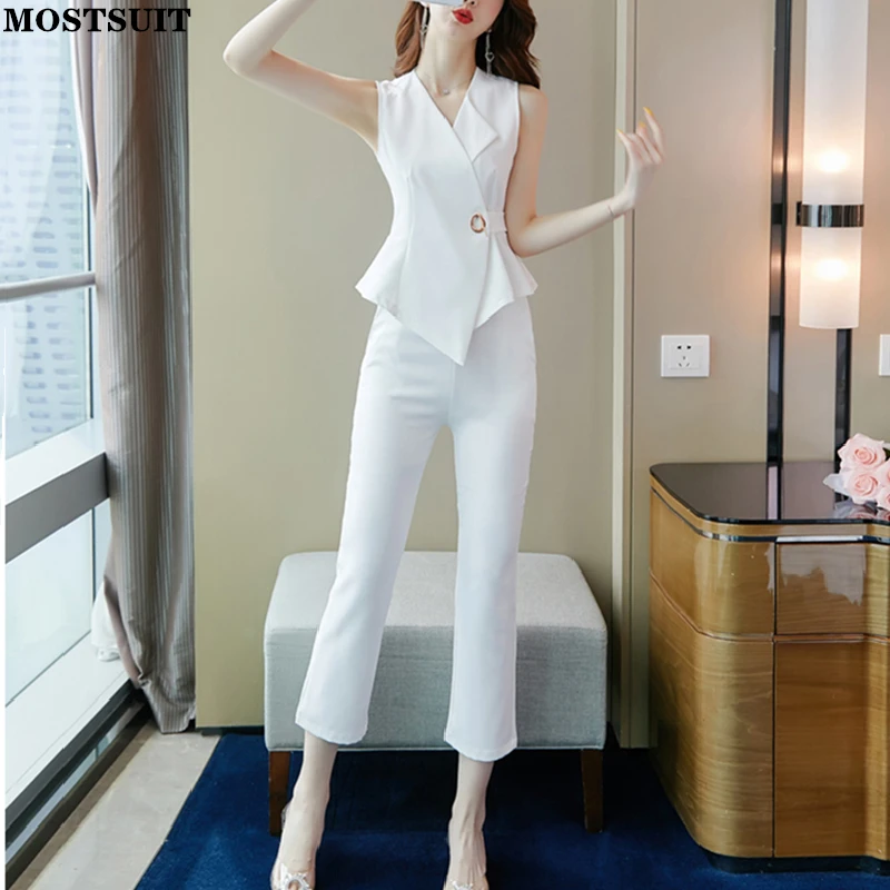 2022 Summer Office Two Piece Suit Set Women Sleeveless Blouse + Pants Suits Workwear Fashion Elegant Ladies Matching Set qoerlin new retro loose fashion lace up shirt rolled half sleeve blouse lyocell fabric polo collar button down ol style workwear