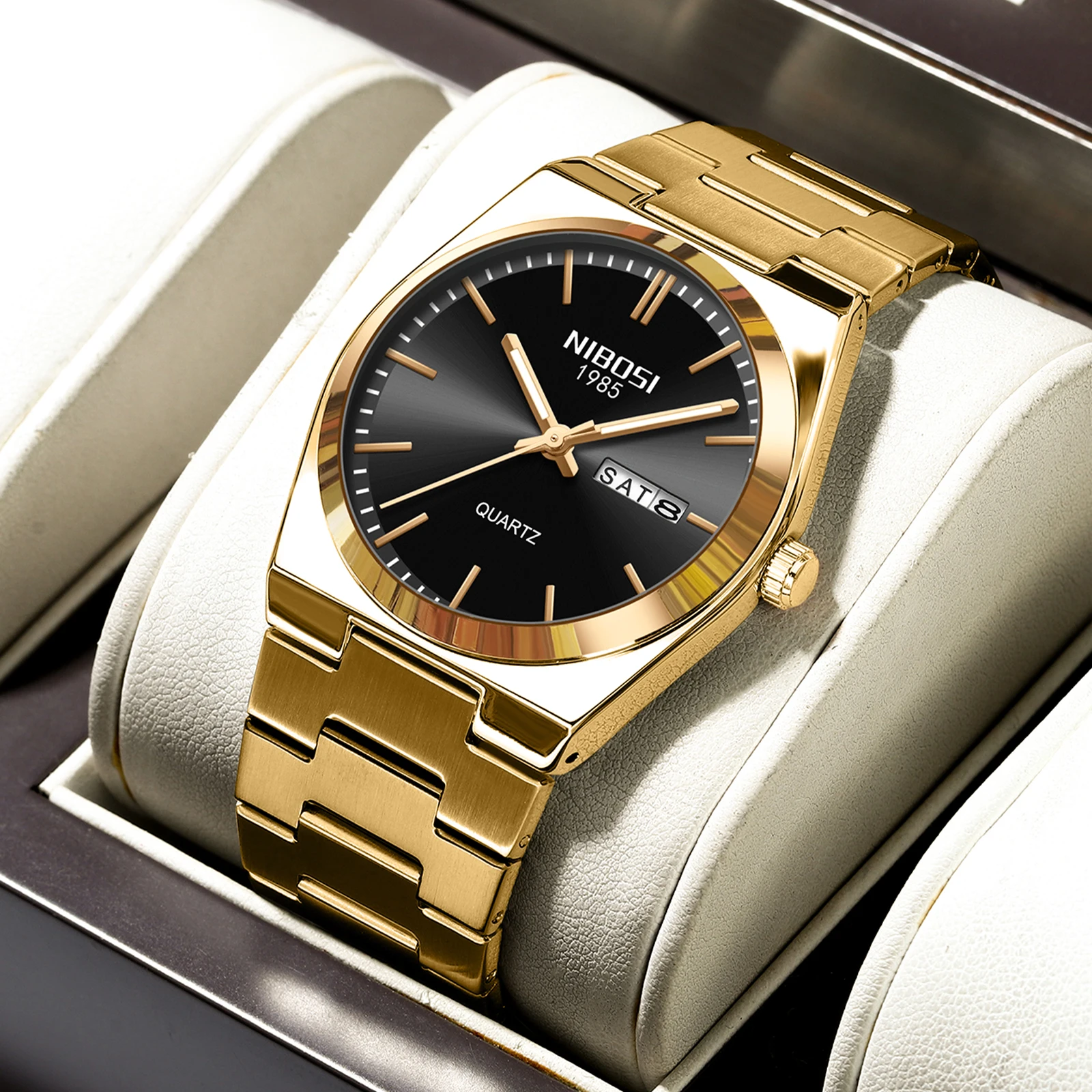 NIBOSI Fashion Mens Quartz Watches Gold Luminous Man Wristwatch Waterproof Calender Clock Stainless Steel Strap Male Watch