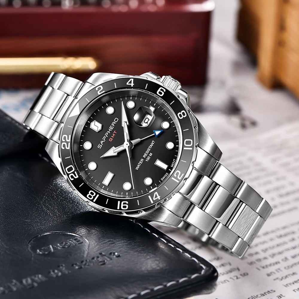 

SAPPHERO Stainless Steel Mens Watch GMT Wristwatches Waterproof Quartz Business Clock Gift for Men