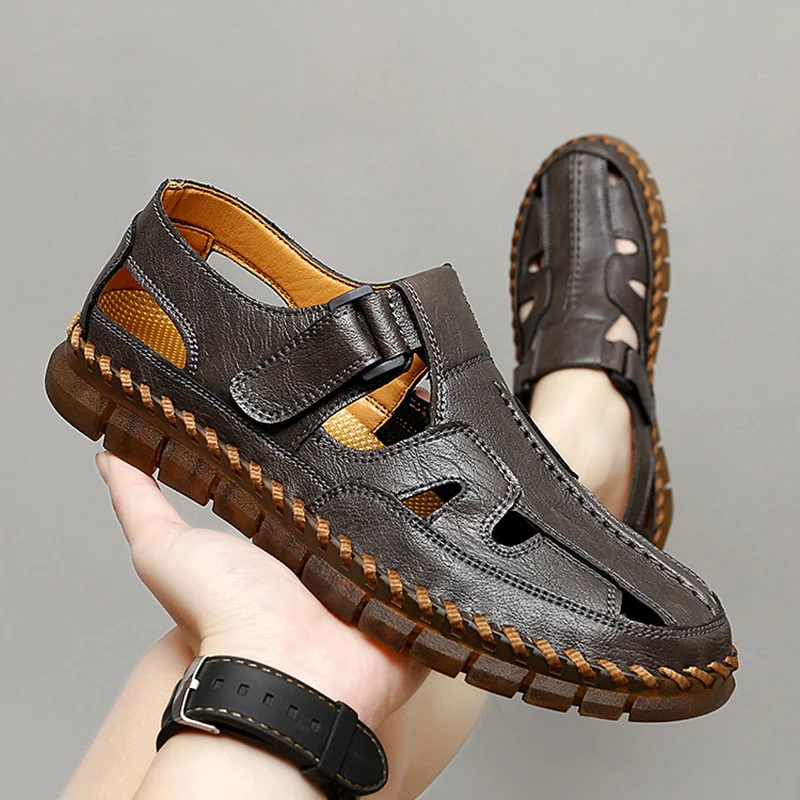 Handmade Summer Sandals Slip on Men Sandals Leather Hollow Out Men Shoes Male Comfortable Casual Footwear All-match Stylish