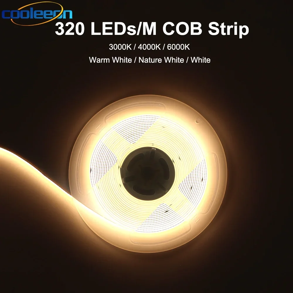 COB LED 스트립, 고밀도 조도 조절 가능, 거실 LED 스트립 조명, 320LED, 계량기 유연한 리본 조명, DC 12V, 24V