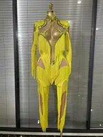 Yellow Tassel Jumpsuit Women Long Sleeve Spandex Skinny Fringe Leotard Sexy Stage Wear DJ Singer Dancer Party Show Costume