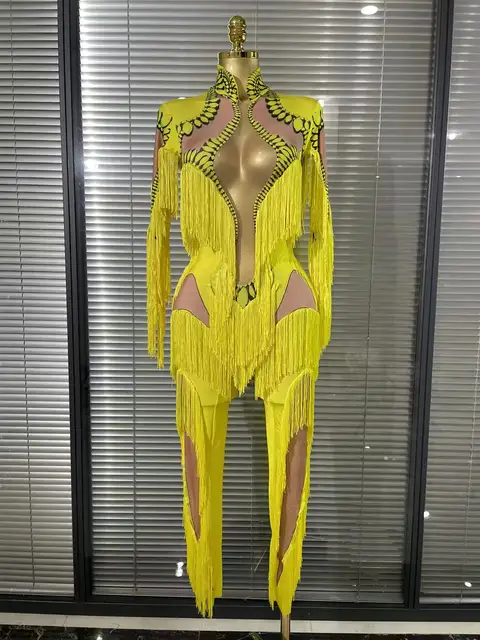 Yellow Tassel Jumpsuit Women Long Sleeve Spandex Skinny Fringe Leotard Sexy Stage Wear DJ Singer Dancer Party Show Costume
