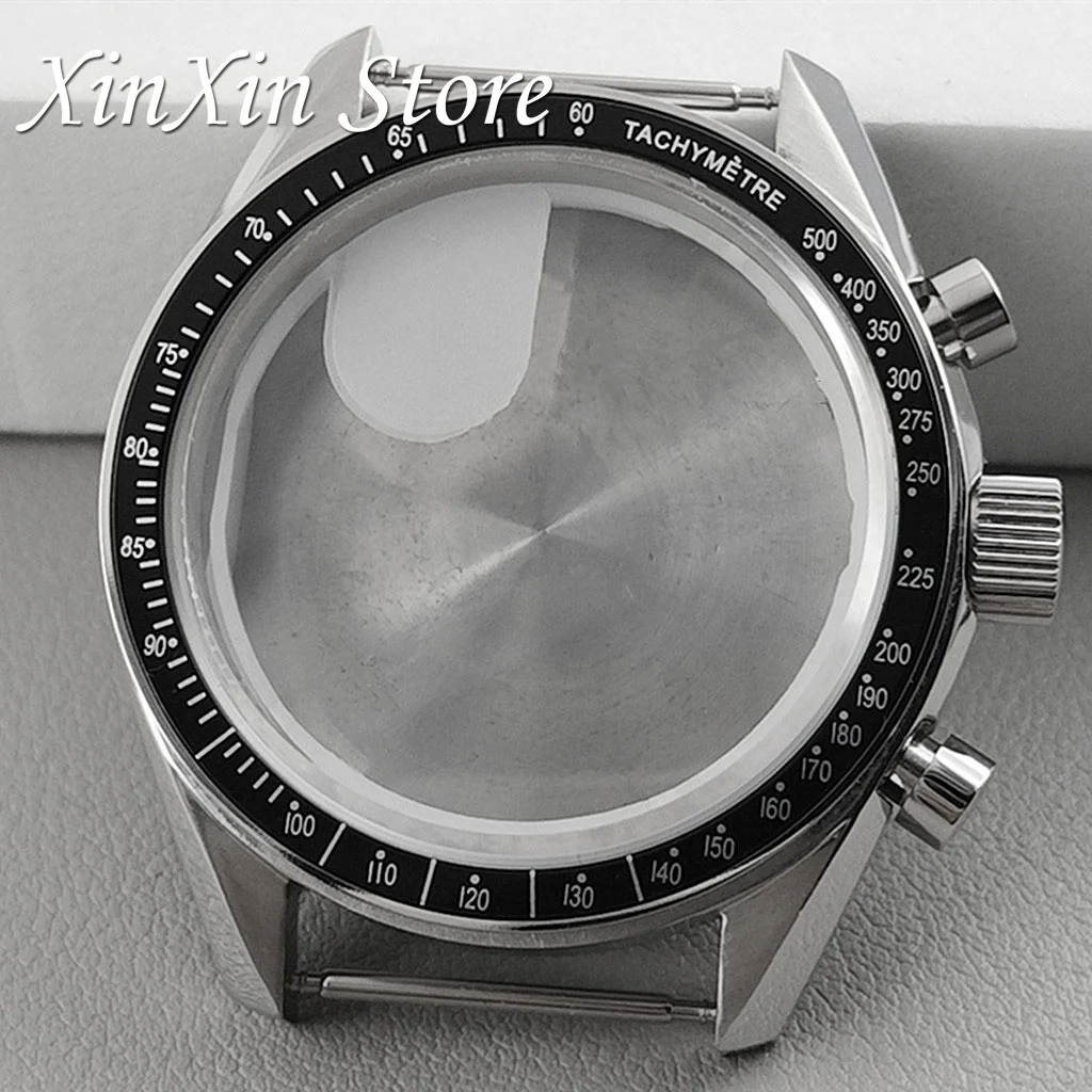 Men's 39.7mm Blue Bezel Watch Case with Moon Pattern Back and Chronograph Function for Quartz Movement, Fits 20mm Strap
