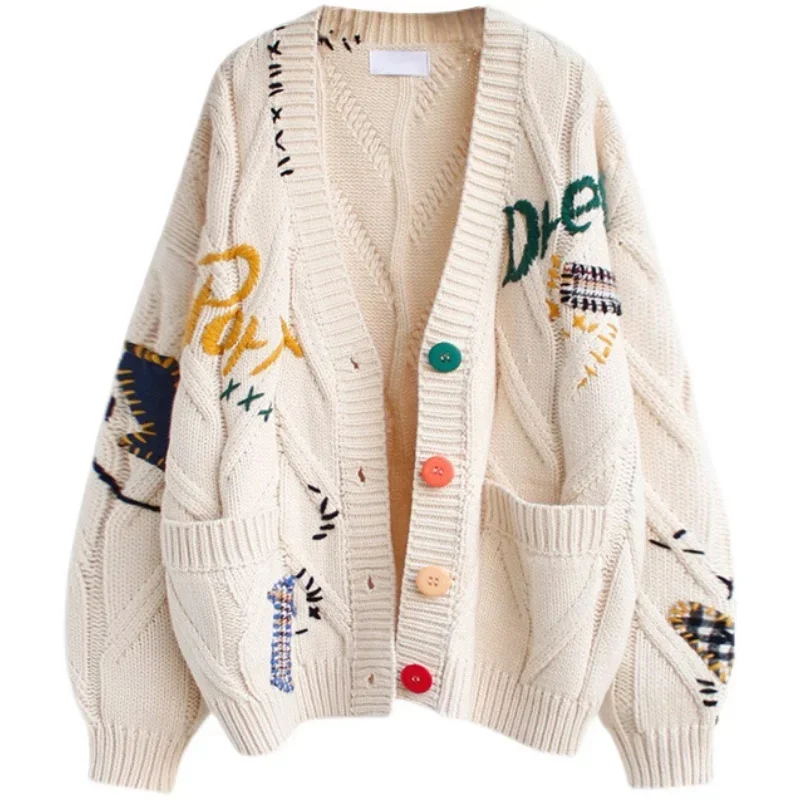 

2022 Spring Women's Sweater Warm Knitted Sweater Jacket Loose Pocket Embroidery Knit Cardigan Jacket Ladies Jacket
